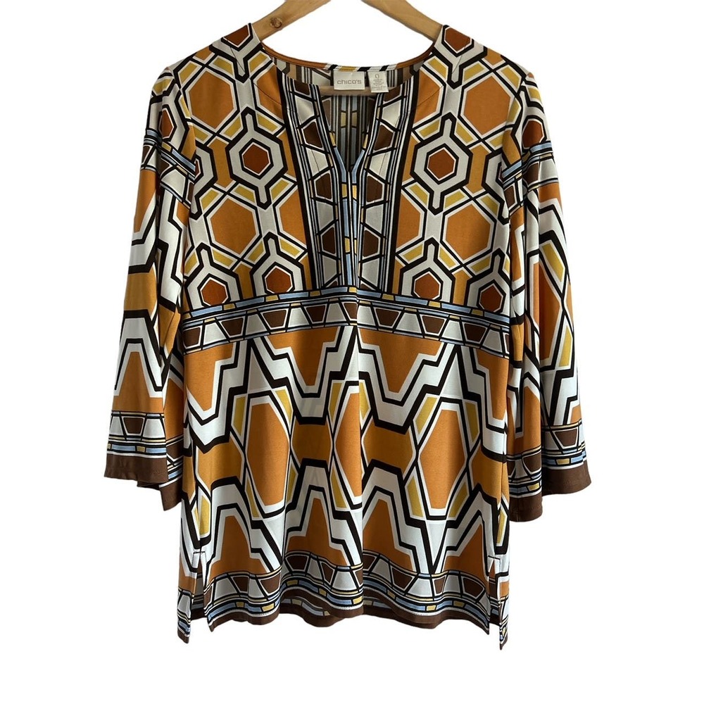 Chicos Women’s Size Small African 70s V Neck Inspired Tunic Blouse Top‎